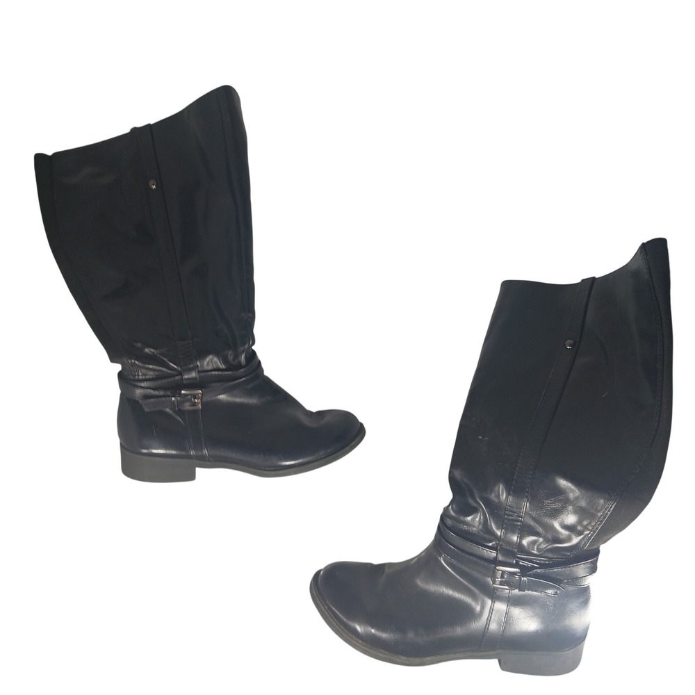 American Eagle Womens Black Tall Riding Boots Side Zip Buckle 7W Wide Width
